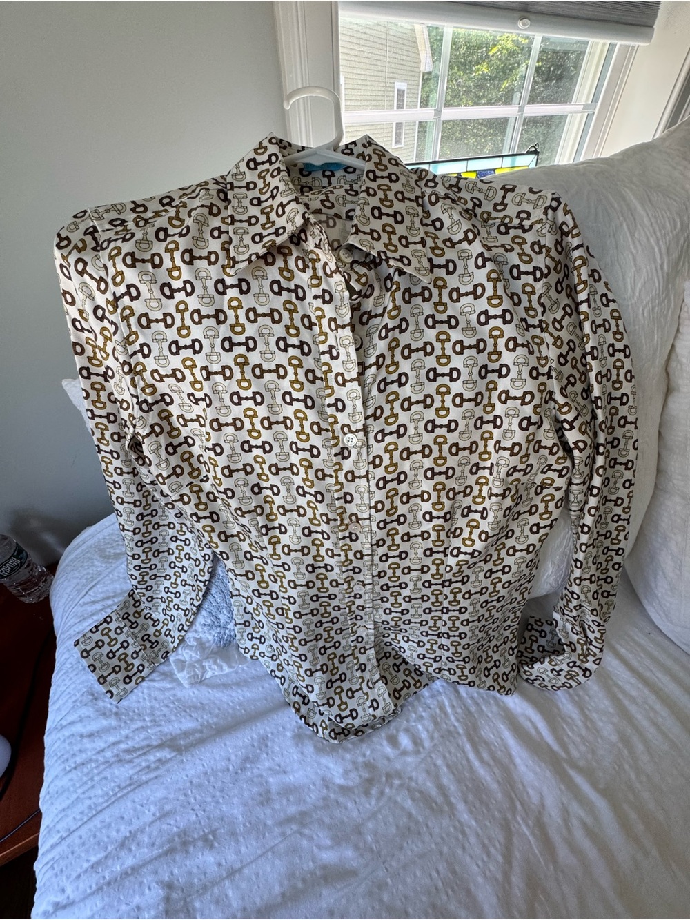 J. McLaughlin Cream Button-Up Shirt with Brown Chain Print